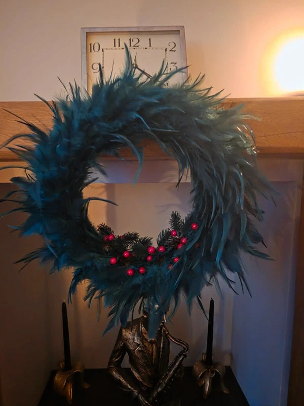 🎄 Handmade Teal Feathered Christmas Wreath - 35cm
