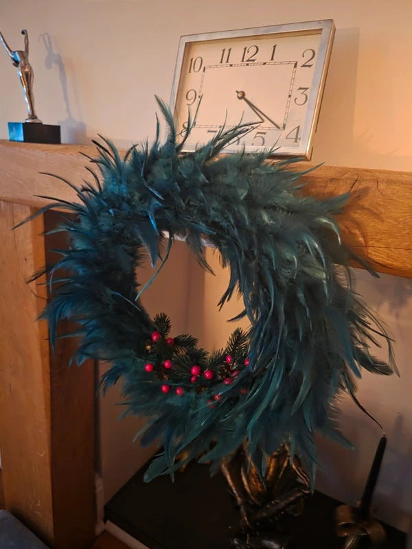 🎄 Handmade Teal Feathered Christmas Wreath - 35cm