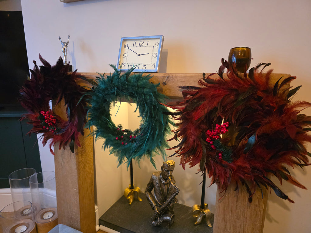 🎄 Handmade Teal Feathered Christmas Wreath - 35cm
