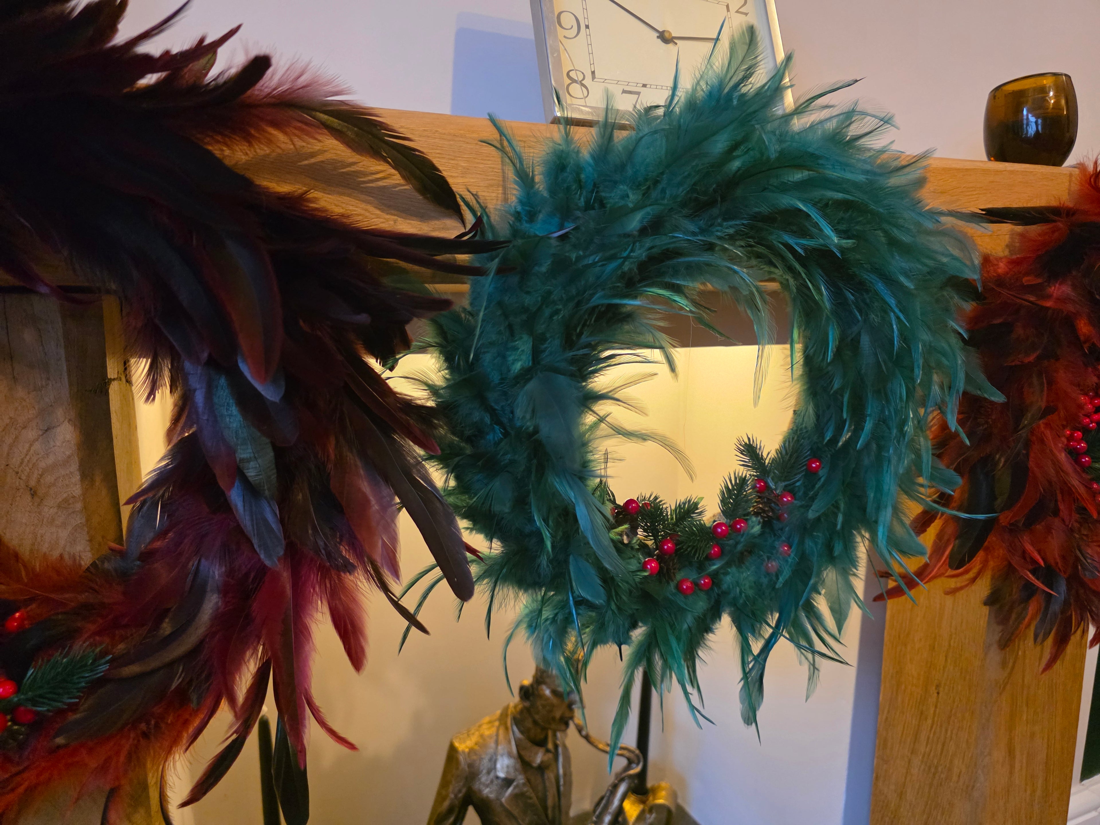 🎄 Handmade Teal Feathered Christmas Wreath - 35cm