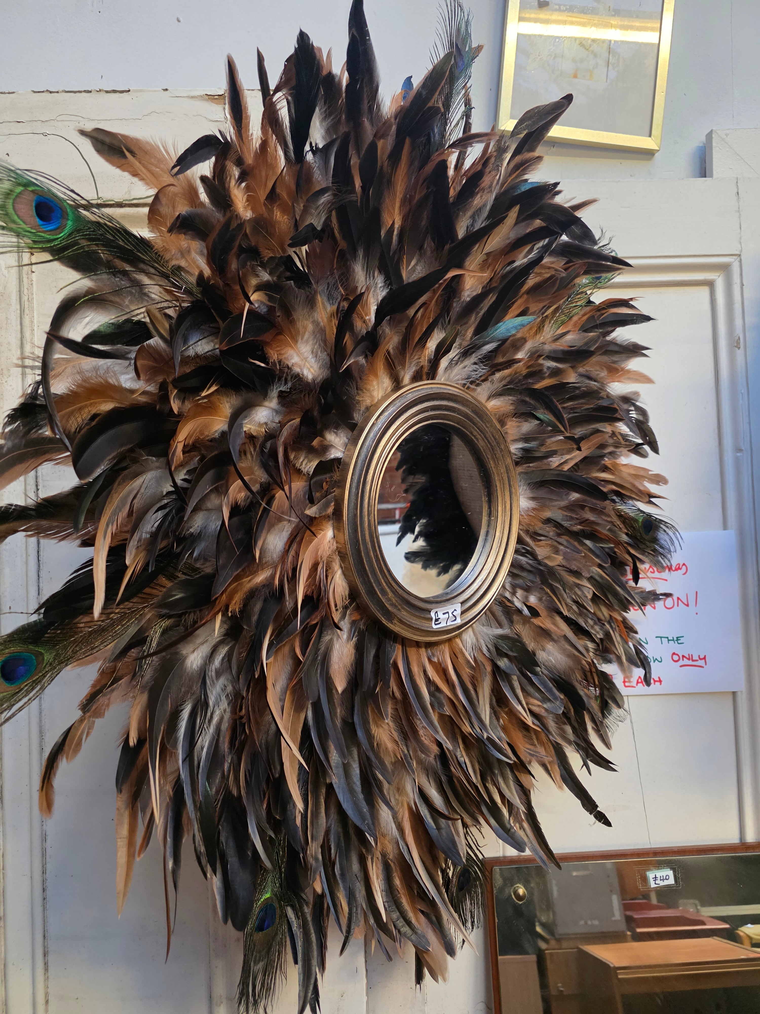 Handmade Peacock Feather Mirror: Boho Glam Wall Decor Design