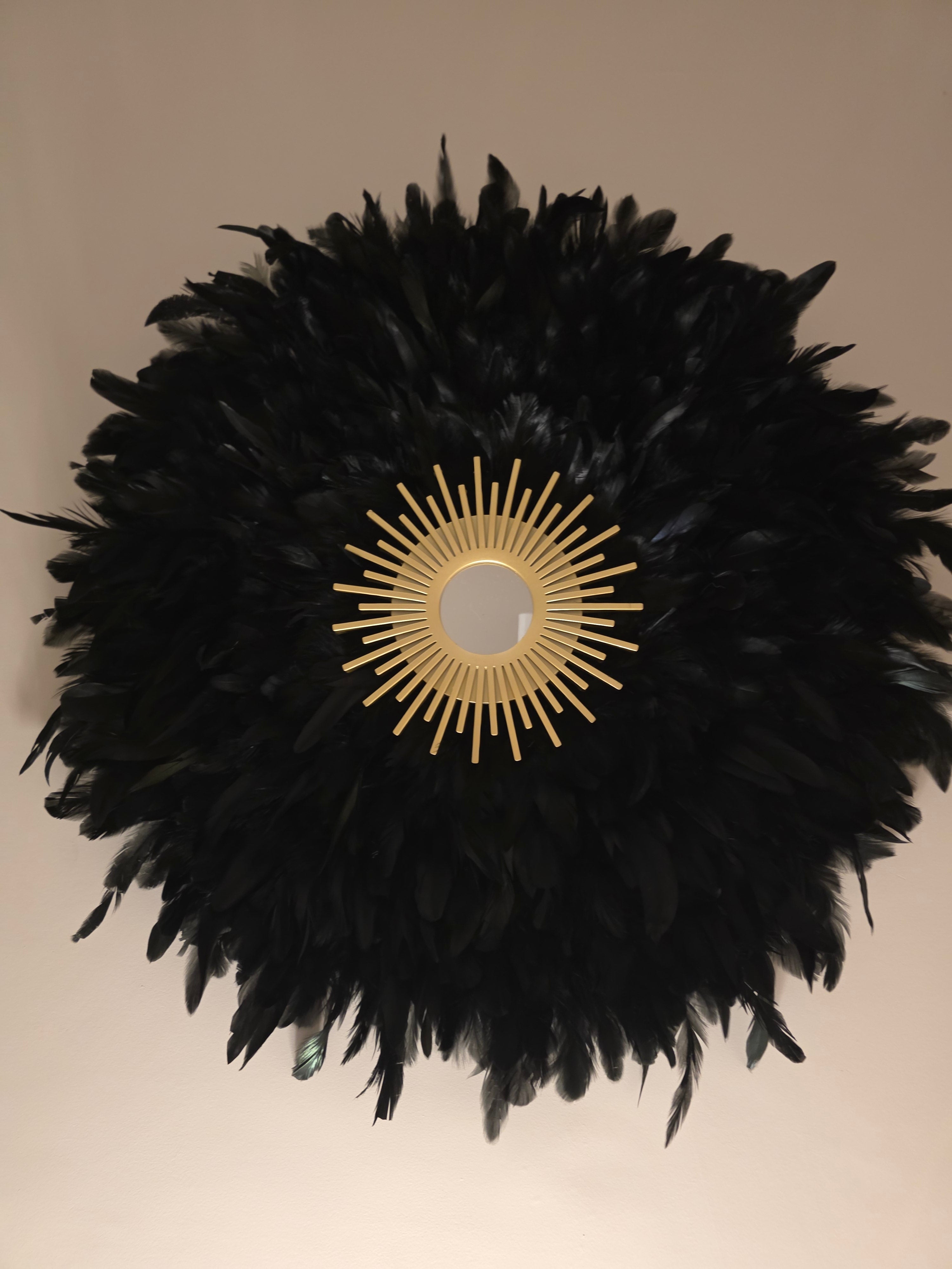 Handmade Black Feather Mirror with Gold Framed Mirror - Boho Glam Wall Decor Design