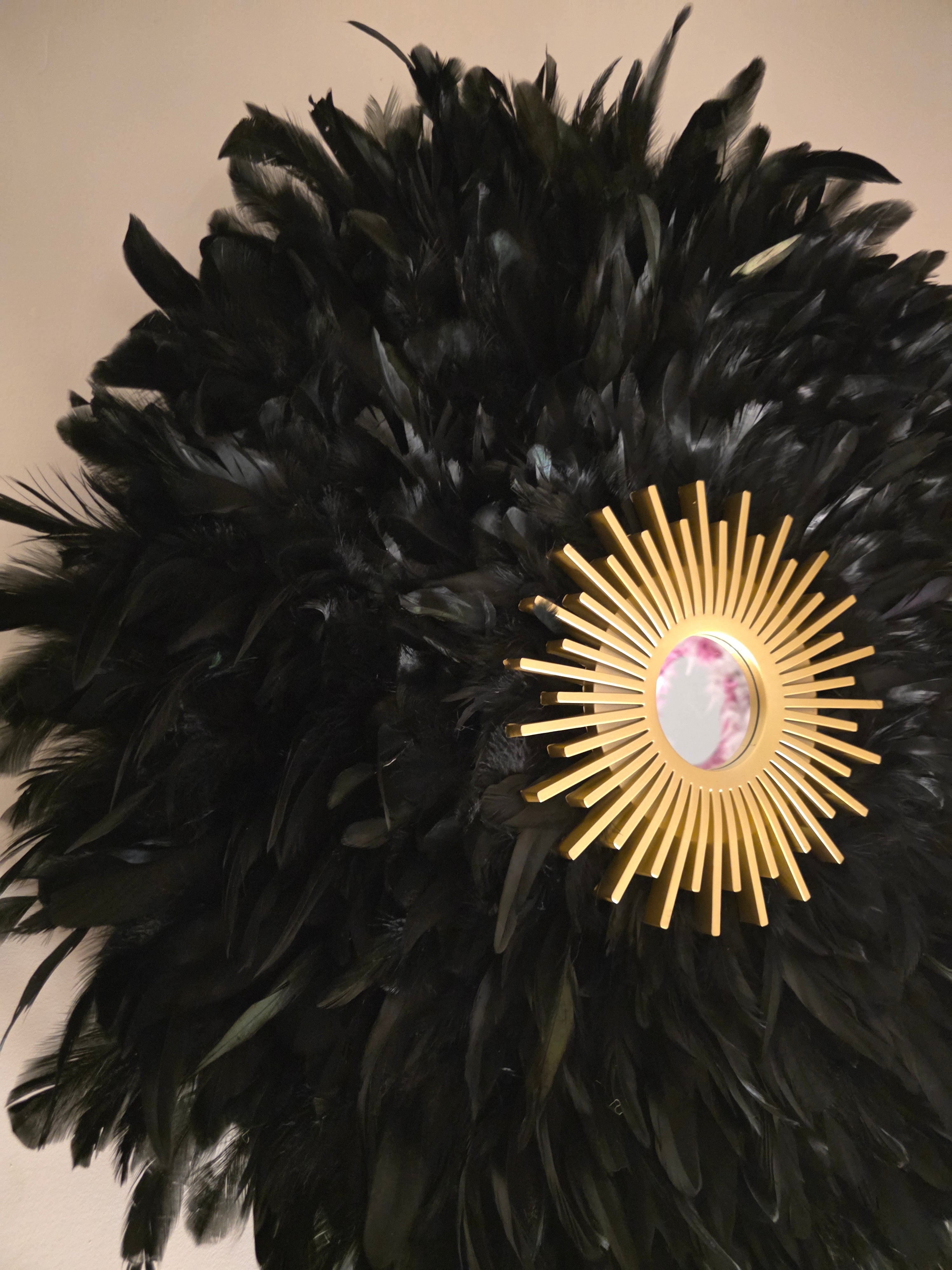 Handmade Black Feather Mirror with Gold Framed Mirror - Boho Glam Wall Decor Design