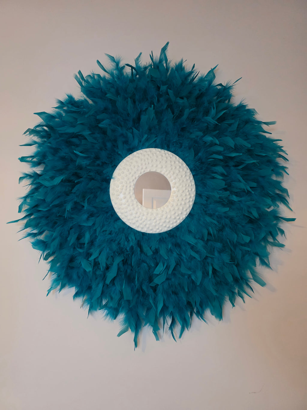 Teal handmade feathered mirror