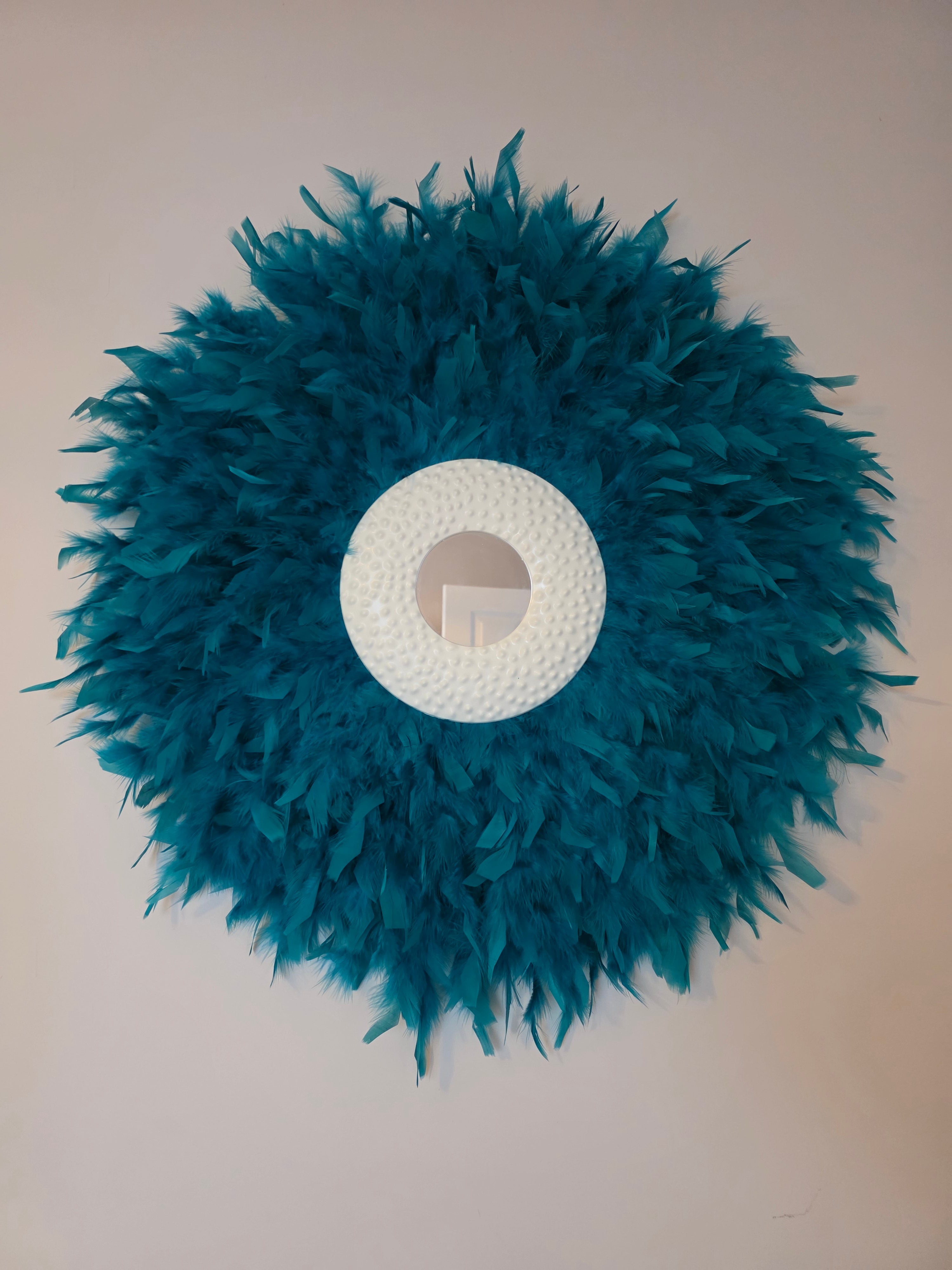Teal handmade feathered mirror