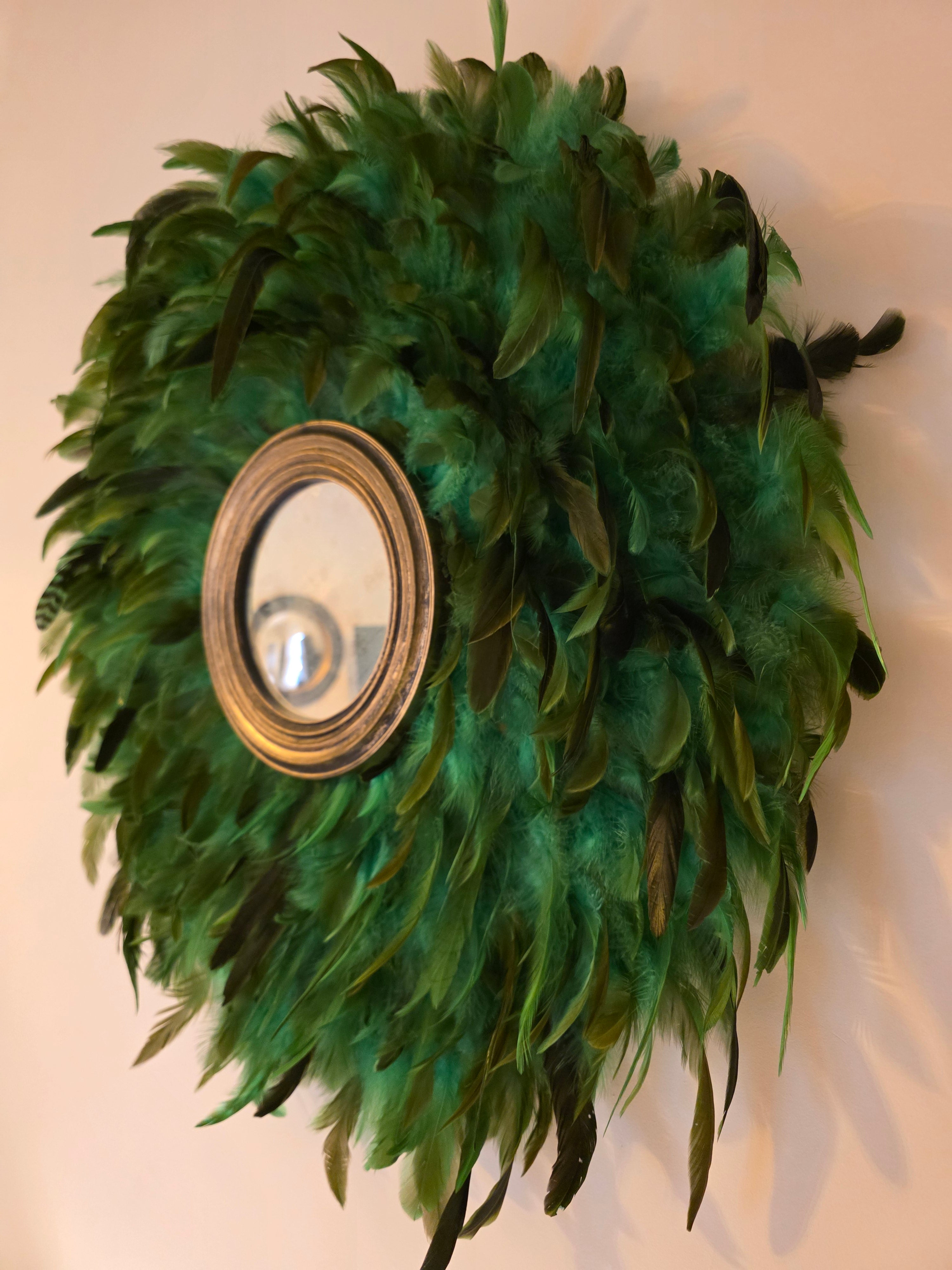 Green handmade feathered mirror