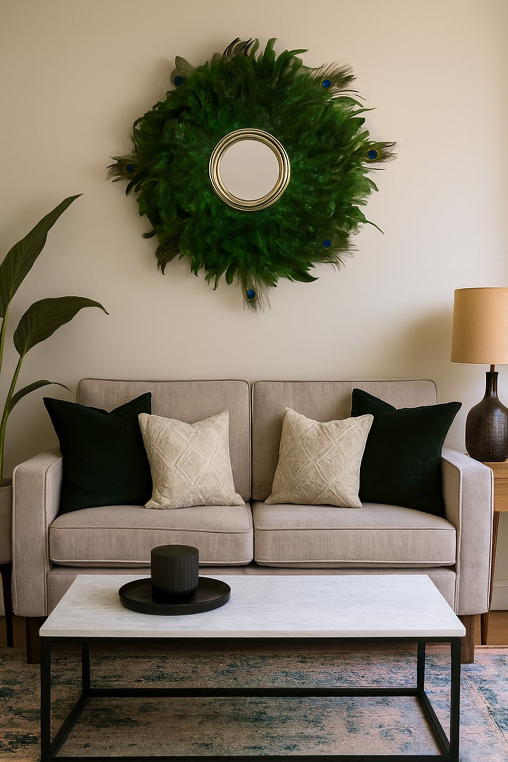 Green handmade feathered mirror