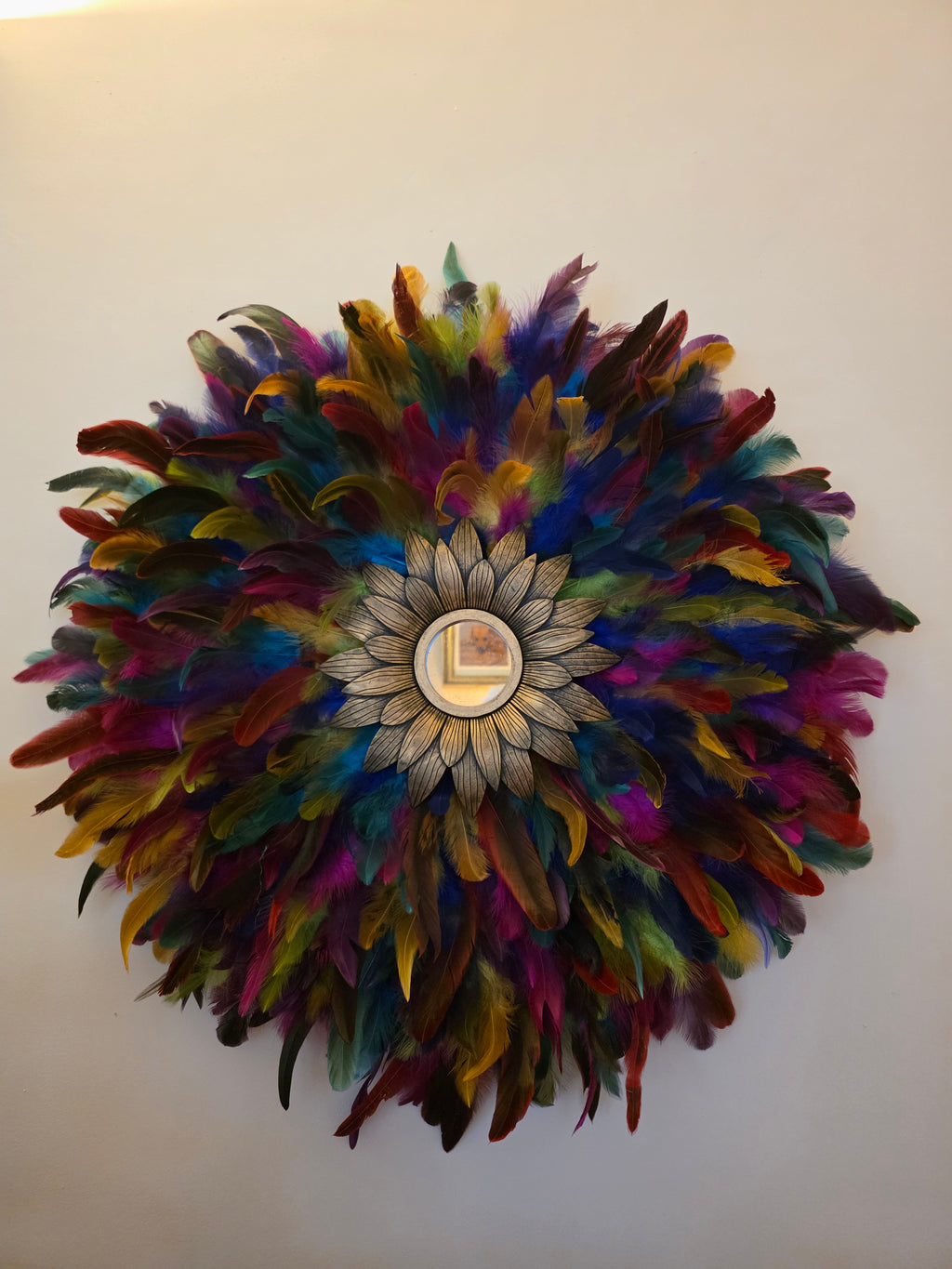 Multi Coloured Handmade Feathered Mirror