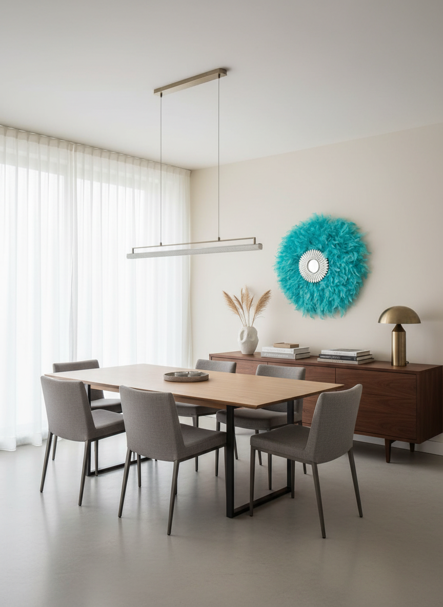 Beautiful modern dining room with pale blue feathered mirror