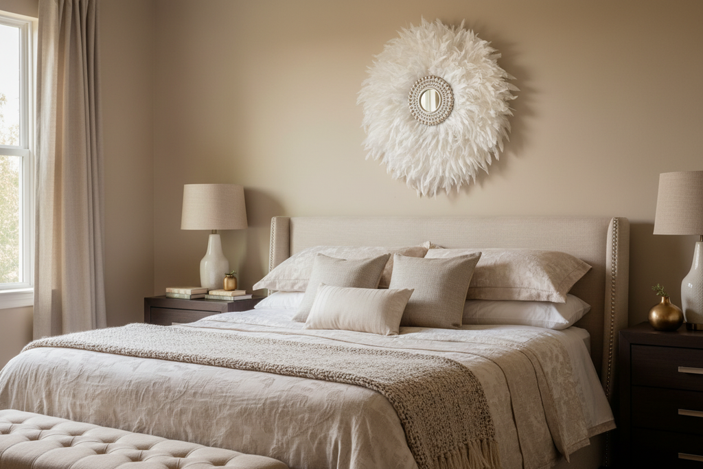 Bedroom scene with white feathered mirror