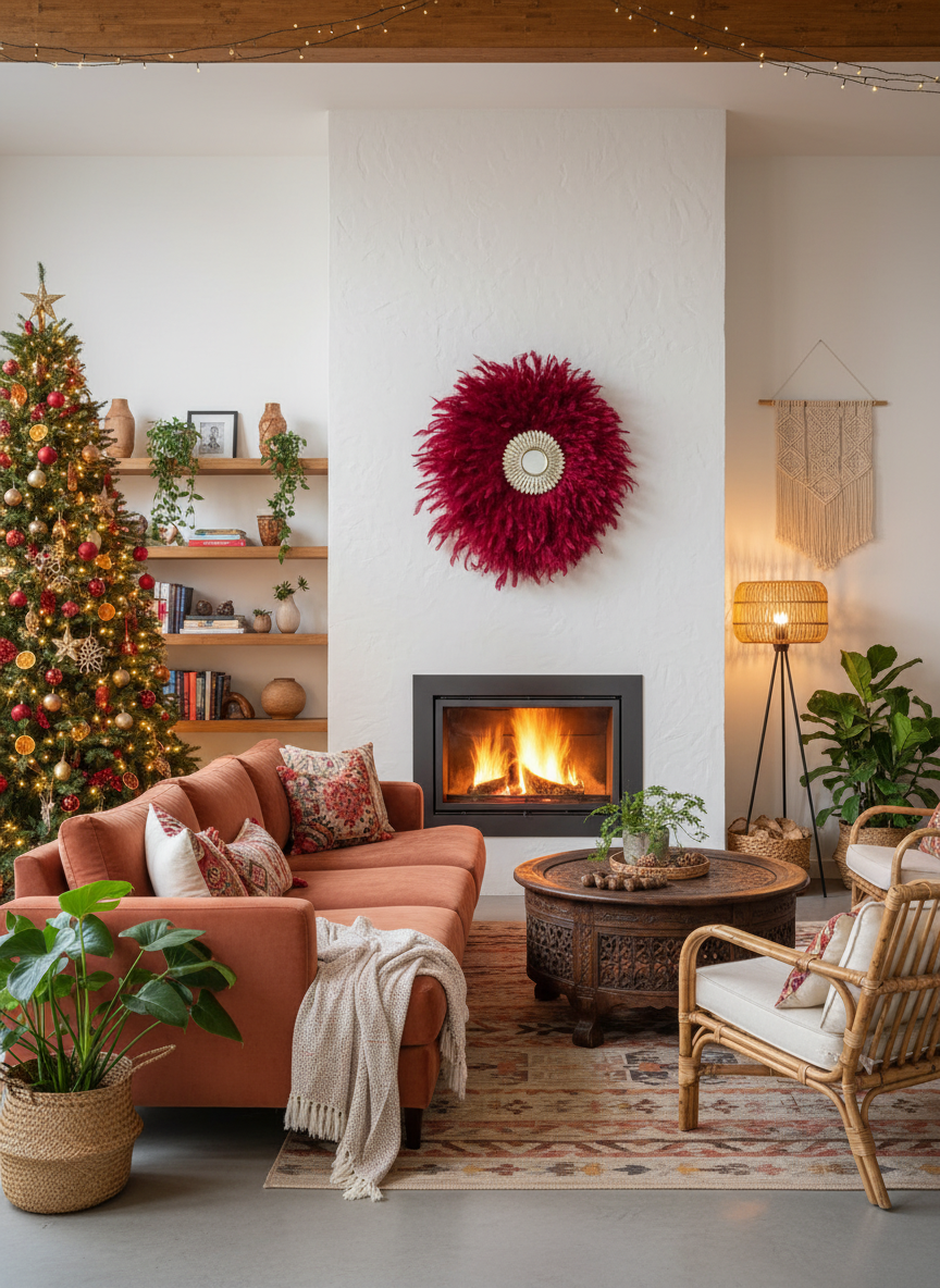 Cozy Holiday Living Room with Log Burner and Christmas Tree