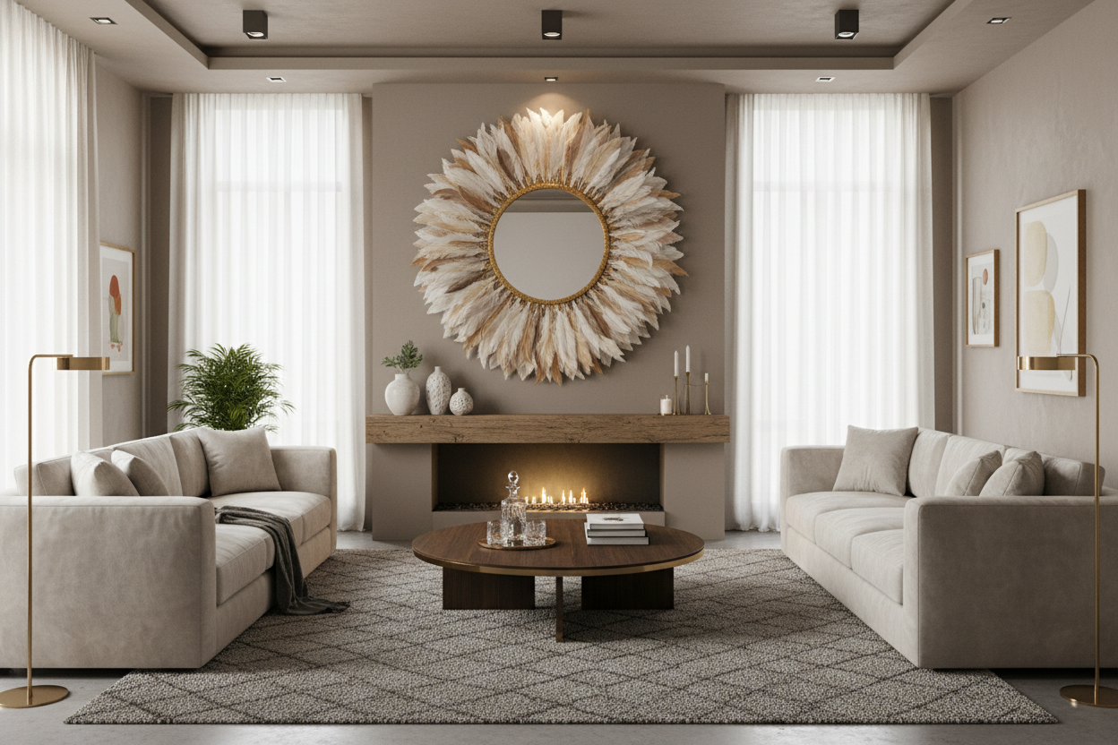 Living room featuring a feathered mirror
