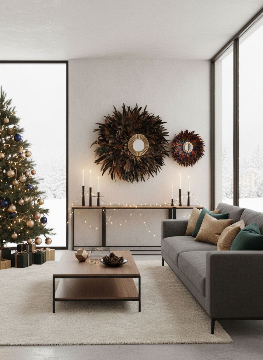 Modern Christmas living room with peacock feather mirror