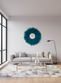 Modern living room with teal feathered mirror