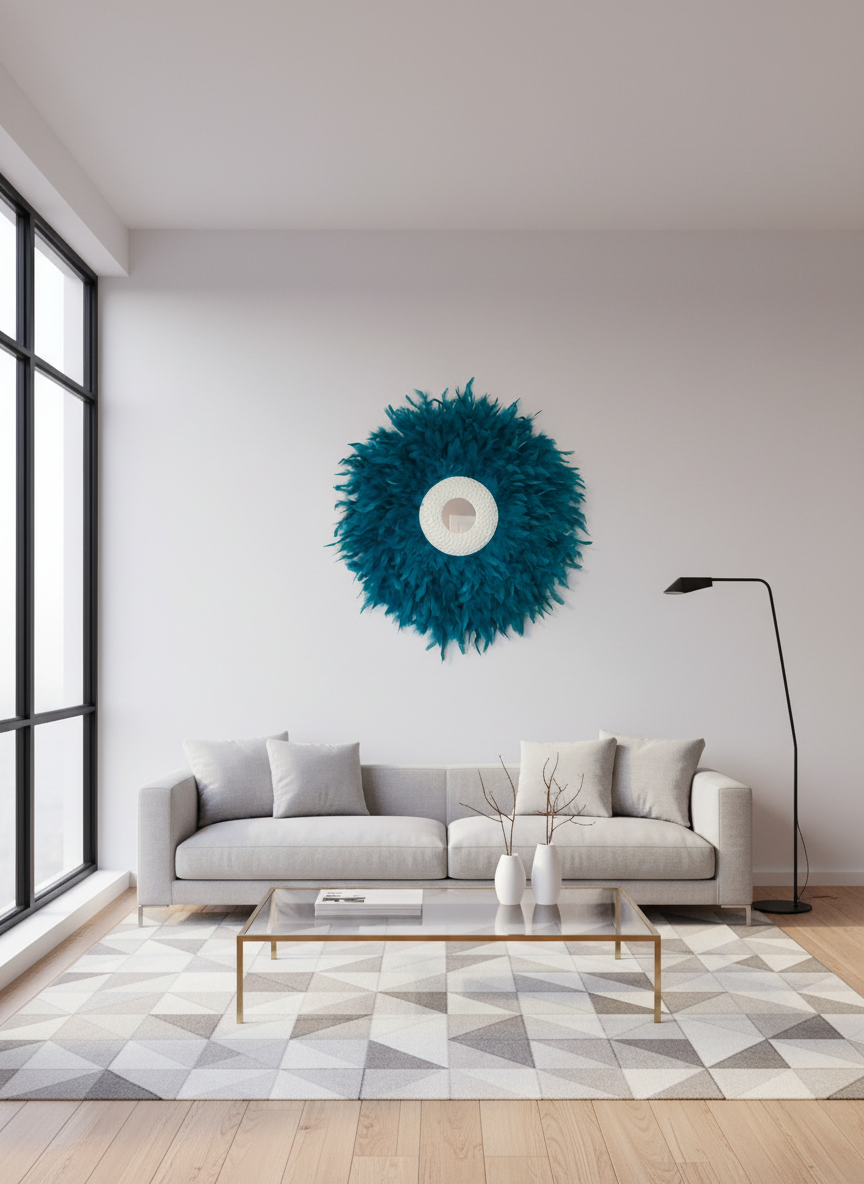Modern living room with teal feathered mirror