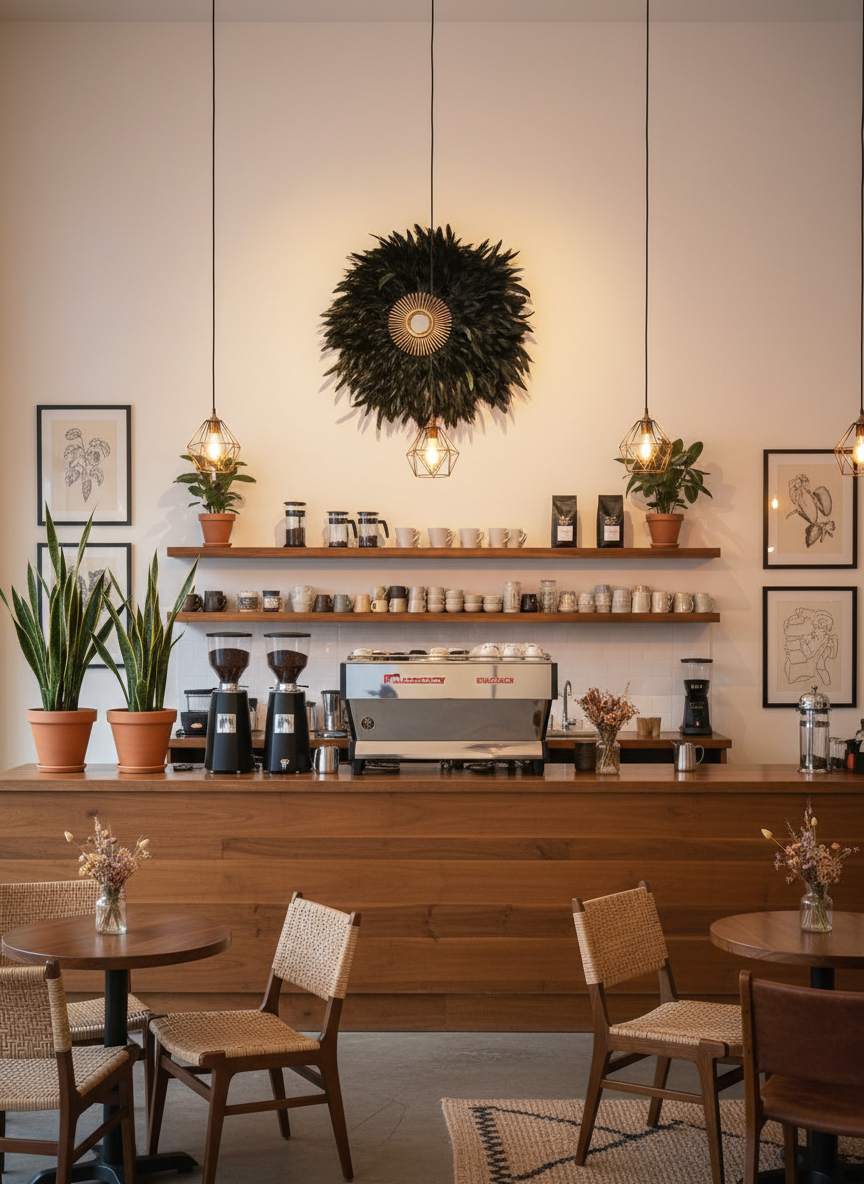 Stylish Cafe with Black Feathered Mirror Behind Counter